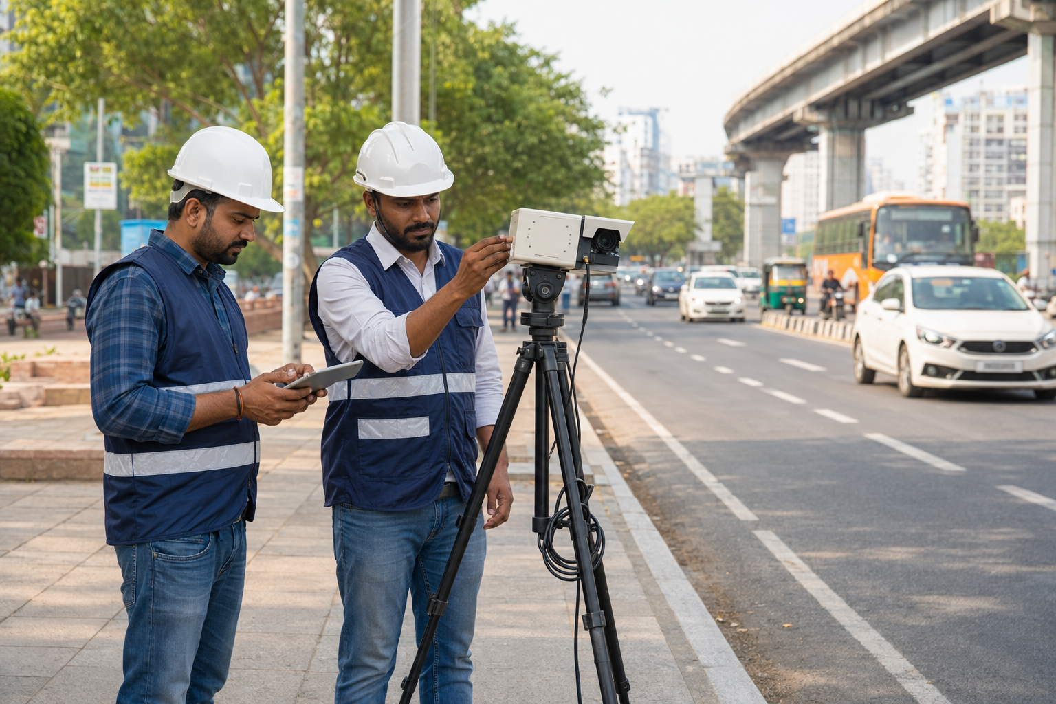Traffic survey technicians setting up roadside counting equipment