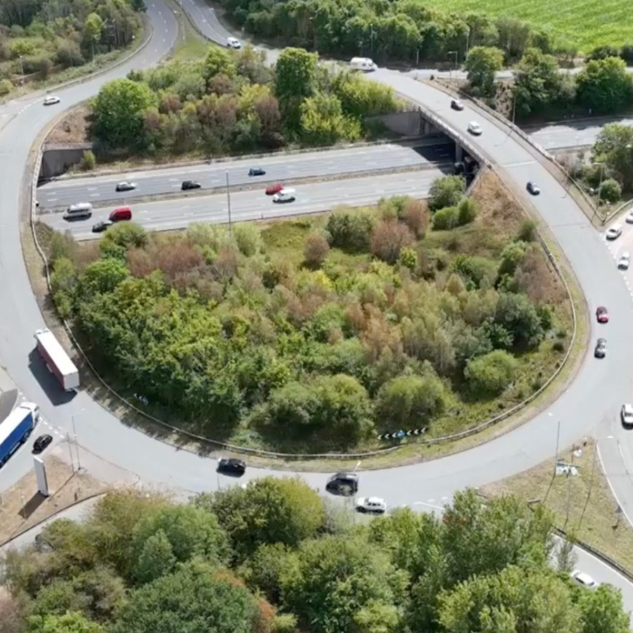 Aerial view of a highway interchange used for traffic demand analysis