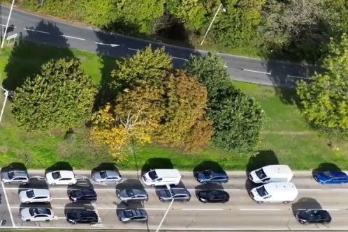 Aerial view of traffic queuing along a road